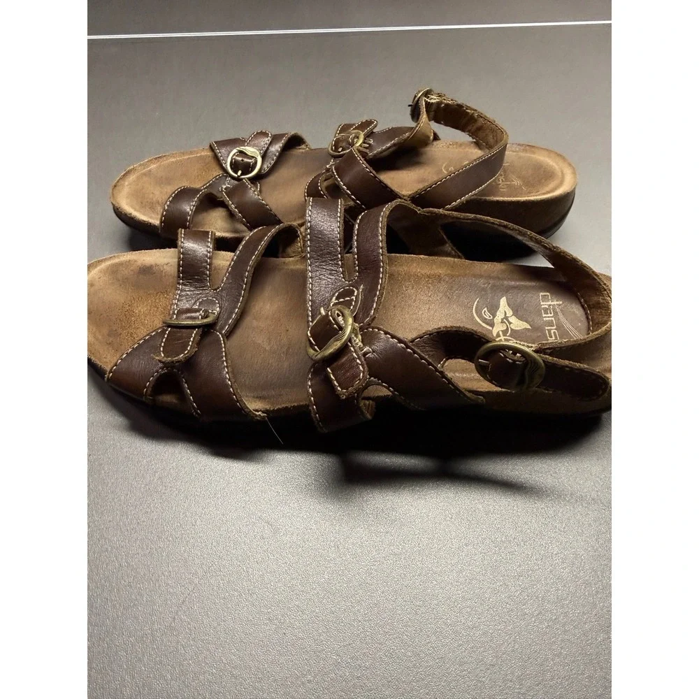 Dansko Brown Leather Strappy‎ Comfort Sandals Buckle Ankle Strap Womens